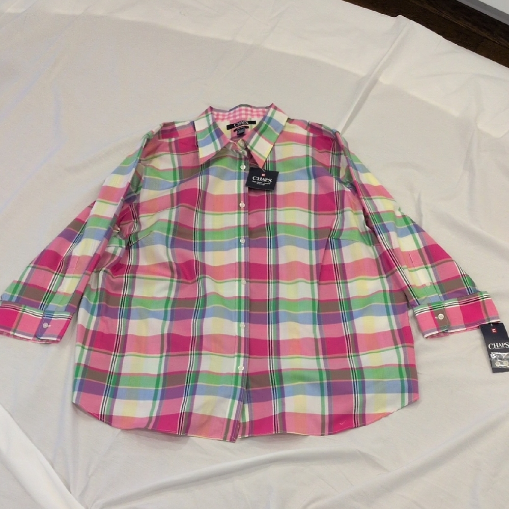 Chaps Women's Pink and Green Plaid Button Down Shirt